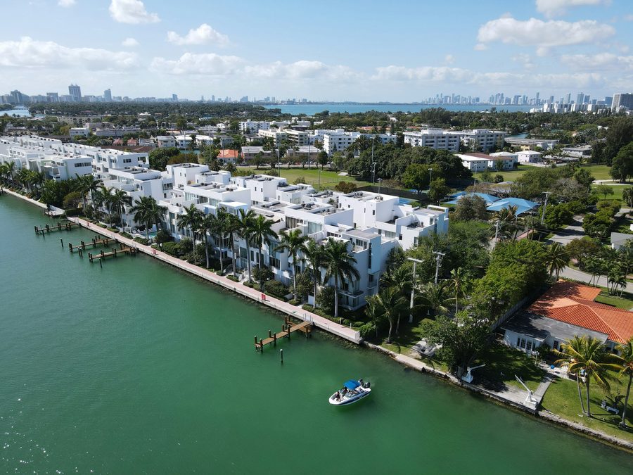 Aerial view of a Miami Beach waterfront neighborhood