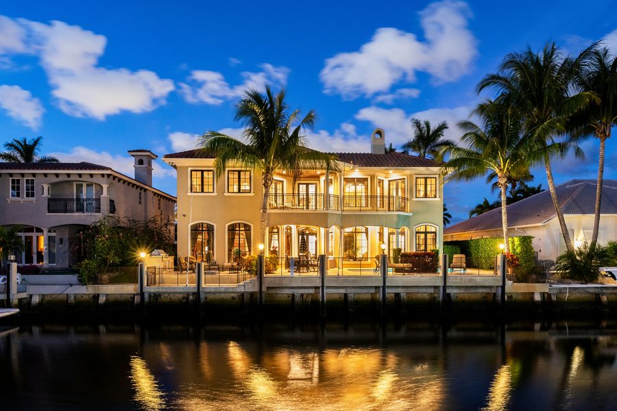 Waterfront Florida home at dusk